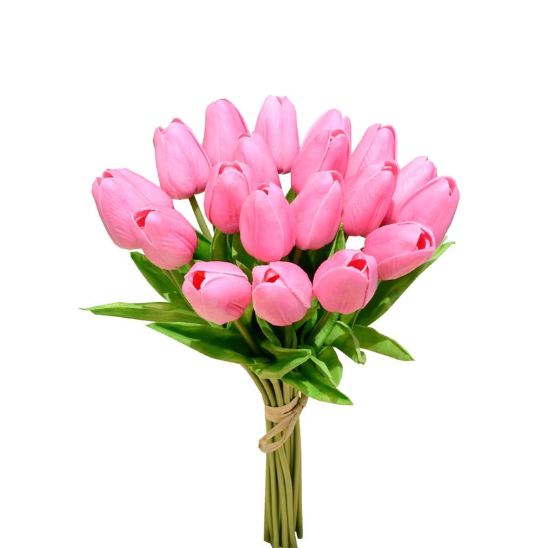 Mandy's Artificial Tulips 20 Stems Pink PU Faux Flowers for Valentine's Day and Easter Decorations Wedding Home Decor 13.5 Inch - Image 1