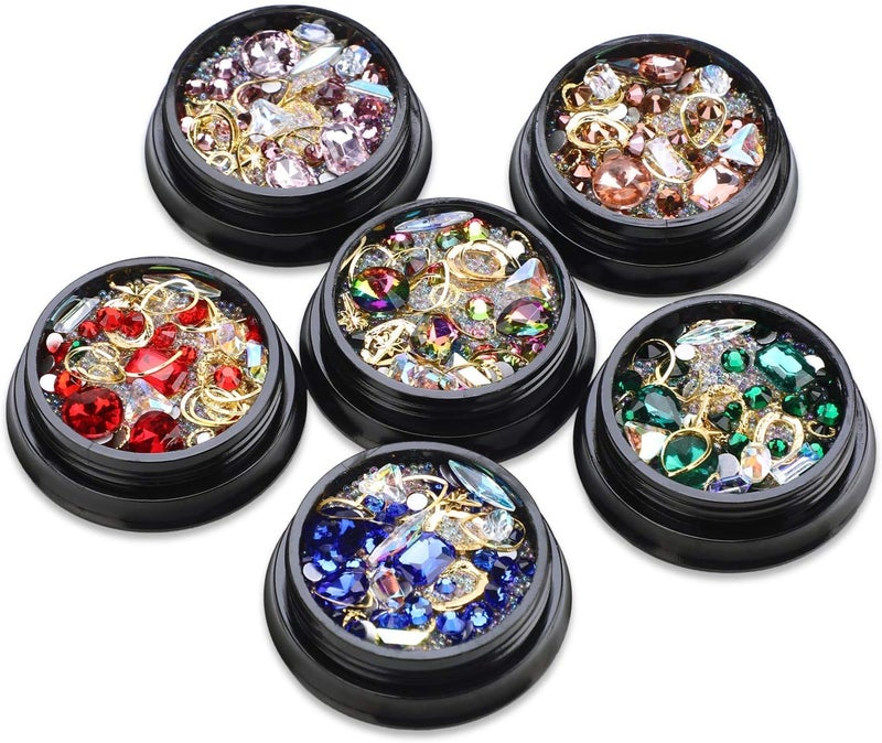 Mwoot Rhinestones for Nails Art Craft 6 Boxes Mixed Crystals Gemstones Beads for DIY Nails Art