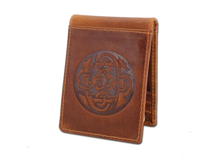 Biddy Murphy Celtic Money Clip & Bifold Wallet, Embossed Eternity Knot Design Leather Brown Made in Ireland - Image 2
