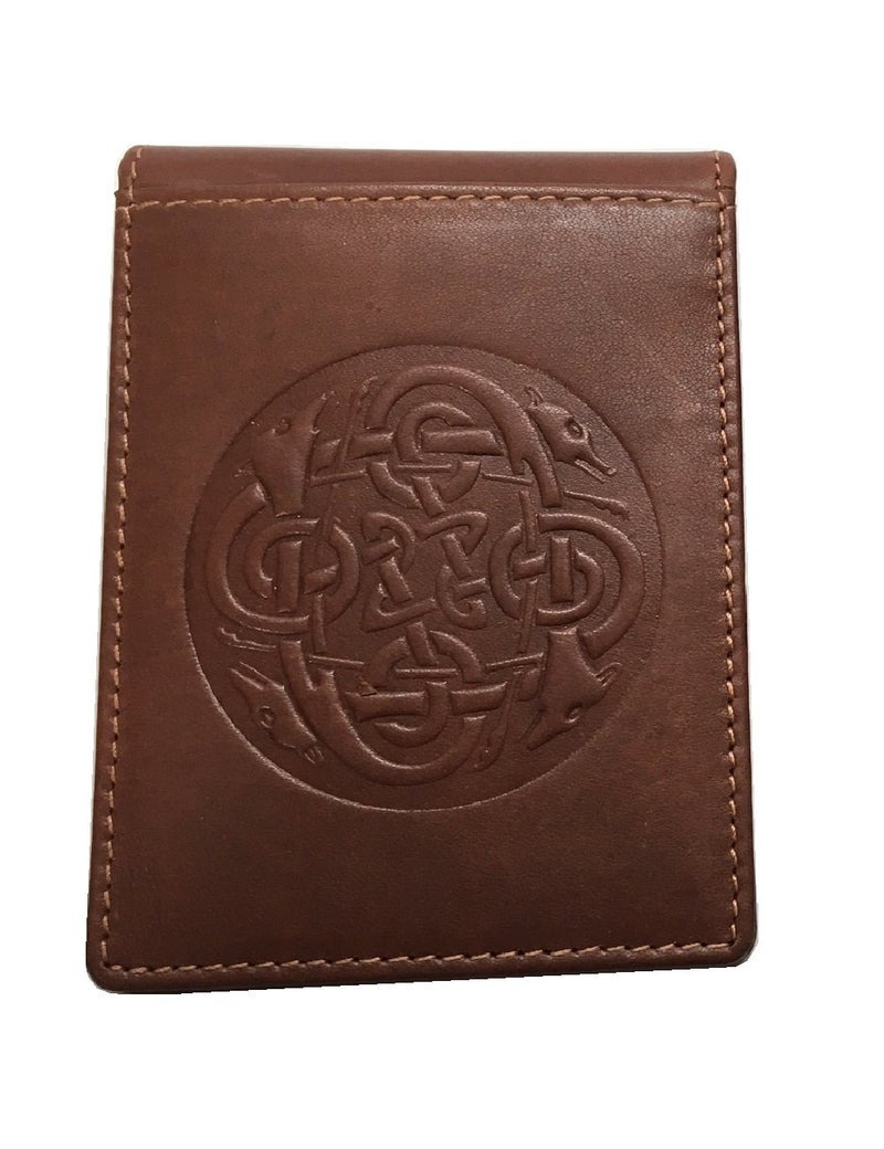 Biddy Murphy Celtic Money Clip & Bifold Wallet, Embossed Eternity Knot Design Leather Brown Made in Ireland - Image 1