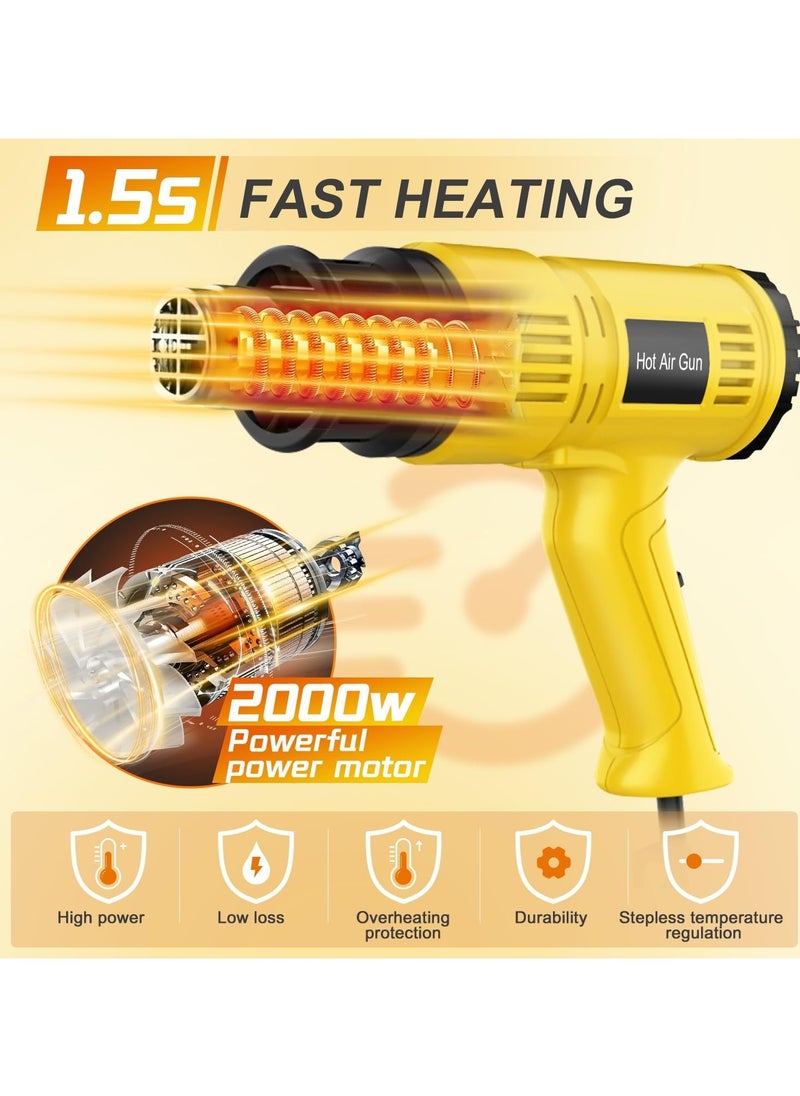 Generic 2000W Heat Gun Fast Heating, with Smart LED Display, 60℃ -650 ℃ Variable Temperature Control,2-Temp Setting, 7 Accessories,Overload Protection for Shrink Pipe, PVC Wrap, Crafts, Epoxy Resin&DIY  - Image 2
