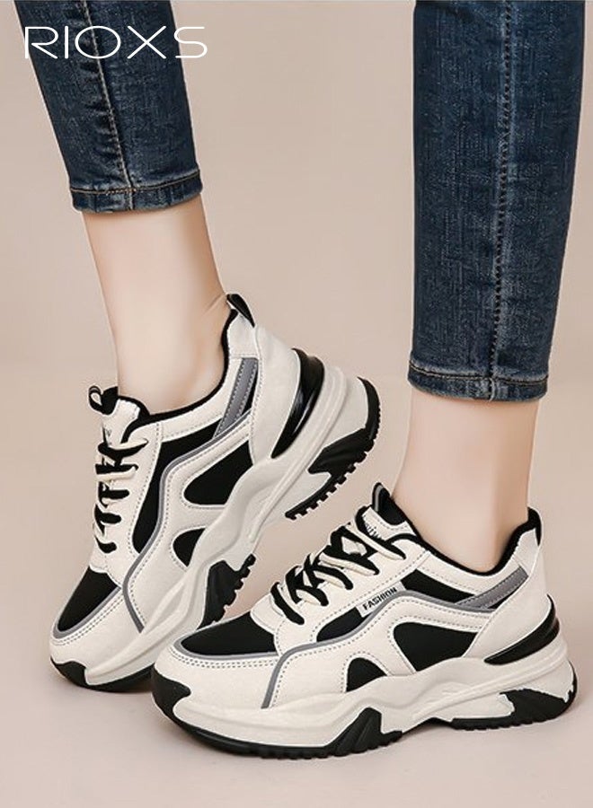 RIOXS Women's Chunky Platform Sneakers, Lightweight Non-slip Athletic Chunky Sports Shoes, Fashion Thick-soled PU Leather Walking Shoes for Ladies, Casual Tennis Shoes Lace-Up Cushion Platform Sneakers, Suitable for Running, Workout, Jogging, Gym, Tennis and Beyond, Black and Beige - Image 3