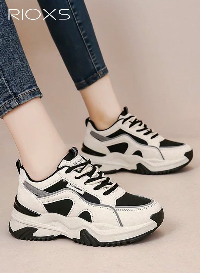 RIOXS Women's Chunky Platform Sneakers, Lightweight Non-slip Athletic Chunky Sports Shoes, Fashion Thick-soled PU Leather Walking Shoes for Ladies, Casual Tennis Shoes Lace-Up Cushion Platform Sneakers, Suitable for Running, Workout, Jogging, Gym, Tennis and Beyond, Black and Beige - Image 1