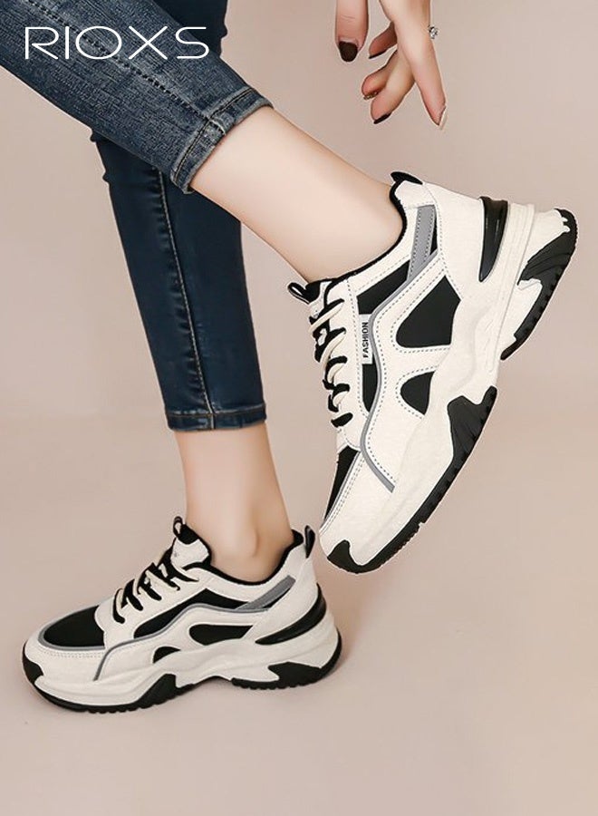 RIOXS Women's Chunky Platform Sneakers, Lightweight Non-slip Athletic Chunky Sports Shoes, Fashion Thick-soled PU Leather Walking Shoes for Ladies, Casual Tennis Shoes Lace-Up Cushion Platform Sneakers, Suitable for Running, Workout, Jogging, Gym, Tennis and Beyond, Black and Beige - Image 4