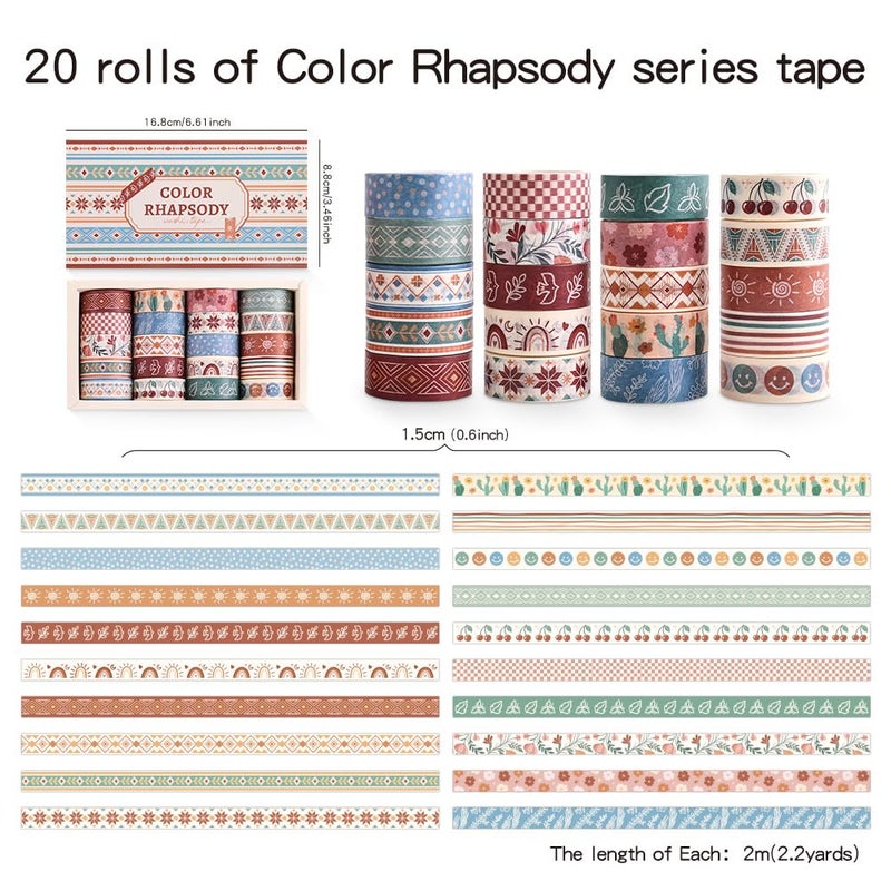 icceemee 20 Rolls Bohemia Theme Washi Tape Set,Writable Decorative Tapes for Scrapbooking, Junk Journal Supplies, Bullet Journaling, 0.6"x79" per Roll - Image 2
