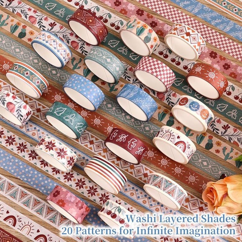 icceemee 20 Rolls Bohemia Theme Washi Tape Set,Writable Decorative Tapes for Scrapbooking, Junk Journal Supplies, Bullet Journaling, 0.6"x79" per Roll - Image 3