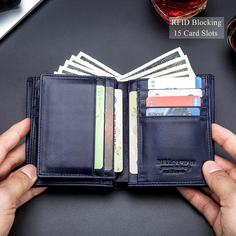 BULLCAPTAIN Large Capacity Genuine Leather Bifold Wallet/Credit Card Holder for Men with 15 Card Slots QB-027 - Image 4
