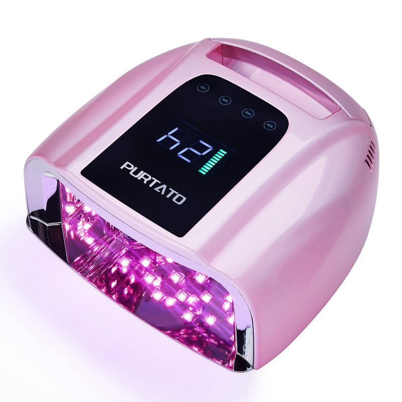PURTATO Professional Rechargeable 96W UV LED Portable Cordless UV Light for Nail Lamp Machine with Removable Stainless Steel Bottom4 Timer Setting and Smart Sensor Nail Dryer Plating Pink