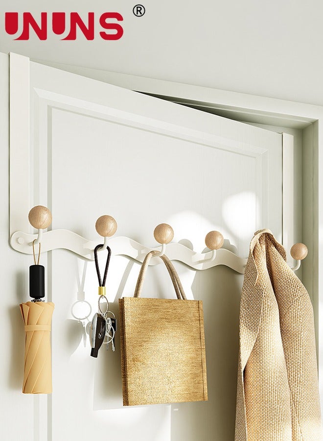 UNUNS Over The Door Hooks,Sturdy Metal Over Door Organizer Rack with 6 Wooden Hooks for Hanging Coats Hats Robes Towels,Bathroom Bedroom Door Hangers,White  - Image 1