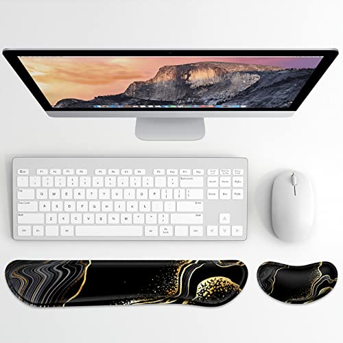 Dapesuom Enlarge Keyboard Wrist Rest, Memory Foam Wrist Cushion for Desk Mats Support, Marble Pain Relief Keyboard Mouse Pad Rests Set with Non-Slip Base for Gaming Laptop Office Computer, Black Gold - Image 2