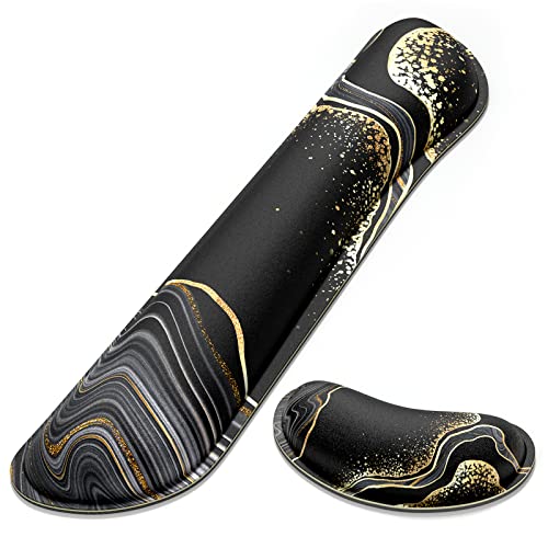 Dapesuom Enlarge Keyboard Wrist Rest, Memory Foam Wrist Cushion for Desk Mats Support, Marble Pain Relief Keyboard Mouse Pad Rests Set with Non-Slip Base for Gaming Laptop Office Computer, Black Gold - Image 1