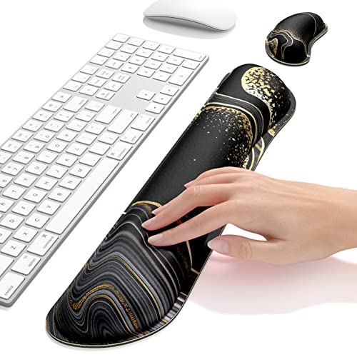 Dapesuom Enlarge Keyboard Wrist Rest, Memory Foam Wrist Cushion for Desk Mats Support, Marble Pain Relief Keyboard Mouse Pad Rests Set with Non-Slip Base for Gaming Laptop Office Computer, Black Gold - Image 5