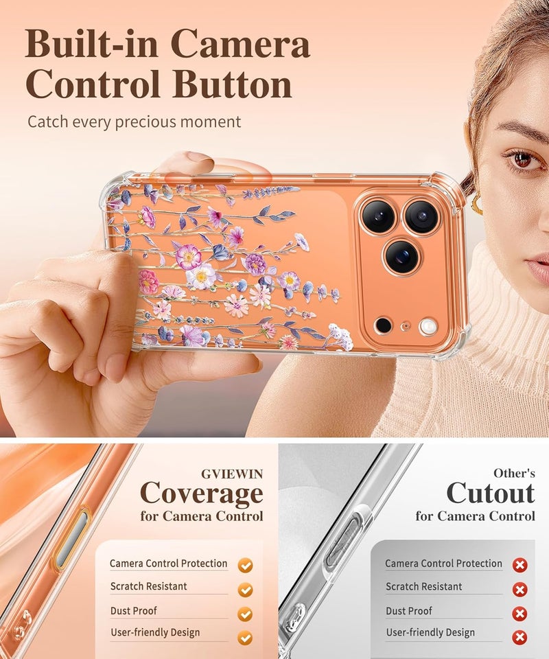 GVIEWIN for iPhone 17 Pro Max Case, [Upgraded Full Camera Protection][Not Yellowing][Screen Protector] Shockproof Protective Clear Floral Phone Case for iPhone 17 Pro Max 6.9'' (Floratopia/Colorful) - Image 5