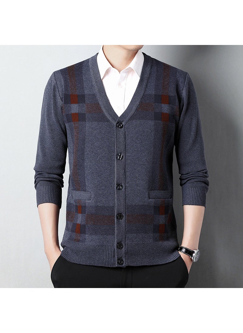 Generic - Autumn Winter Knitted Wool Coat Men Sheep Shirt Long Sleeve Open Shirt Middle-aged Thick Warm Business Coat Dad Clothes Medium Gray - Image 1