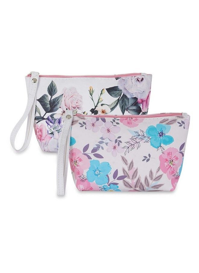 NFI essentials - Pu Floral Print Makeup Pouch For Women Stylish Pouches For Makeup Accessories & Travel Organiser Cosmetic Pouch Toiletry Make Up Bag For Girls Pack Of 2 (White & Cream) - Image 1