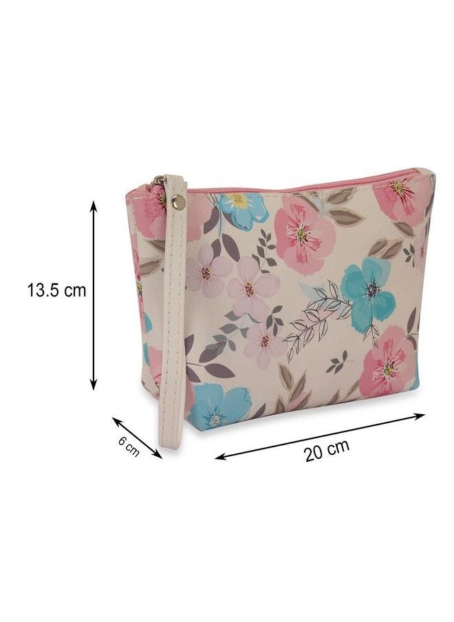 NFI essentials - Pu Floral Print Makeup Pouch For Women Stylish Pouches For Makeup Accessories & Travel Organiser Cosmetic Pouch Toiletry Make Up Bag For Girls Pack Of 2 (White & Cream) - Image 1