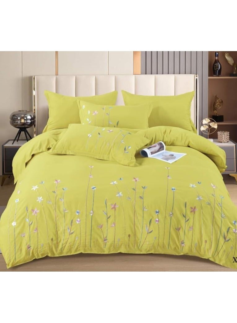 Comfy Comfy 6pc Embroidered Premium Quality Pure Cotton King Size Yellow Comforter Set 