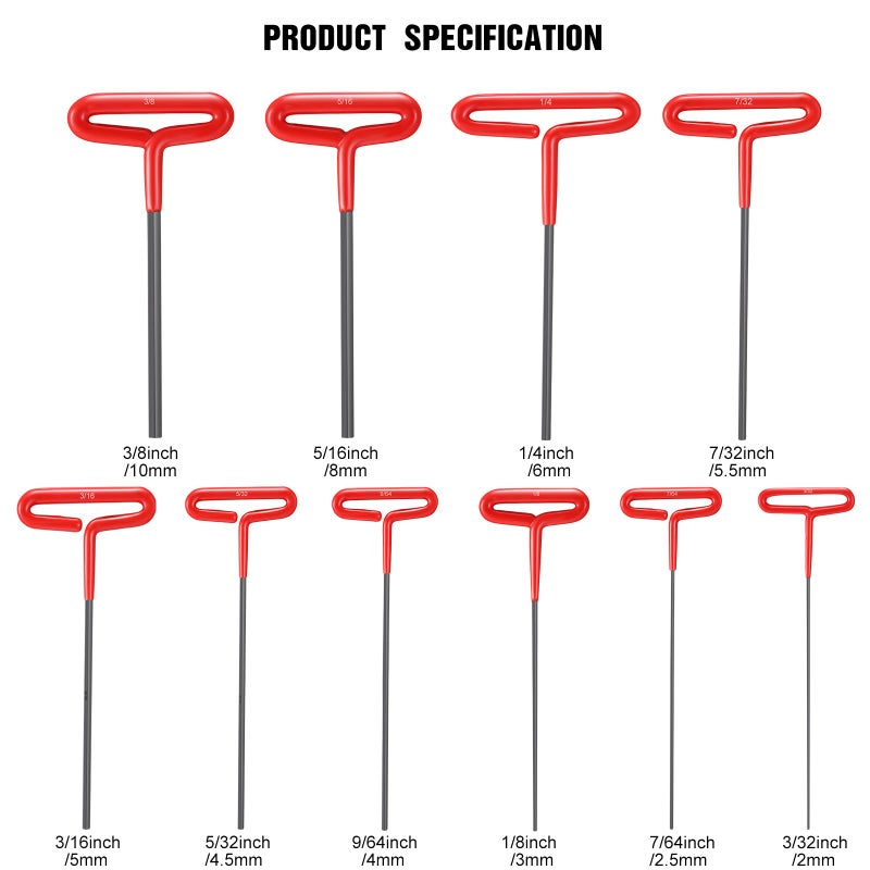 Honoson 10 Pieces T-handle Hex Key Set 9 Inch Long Hex Key Wrenches Kit Sizes 3/32, 7/64, 1/8, 9/64, 5/32, 3/16, 7/32, 1/4, 5/16, 3/8 Inches for Christmas Men Gift