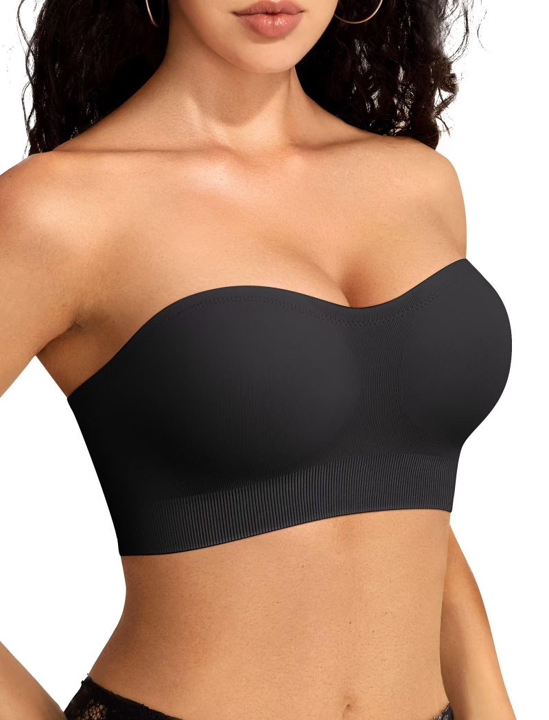 Vertvie Strapless Bras for Women Non-Slip Push Up Wireless Bandeau Bra Seamless Comfort Padded Tube Top Supportive Bralette(Black,Small,Plain Jersey) - Image 1