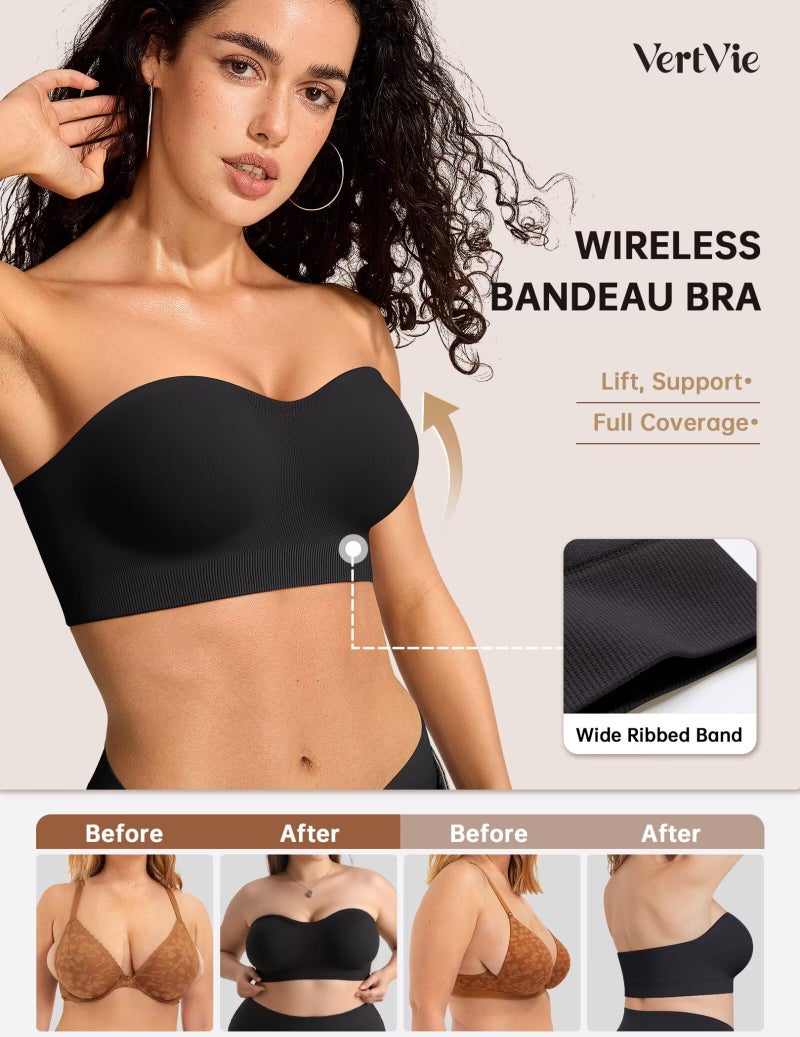Vertvie Strapless Bras for Women Non-Slip Push Up Wireless Bandeau Bra Seamless Comfort Padded Tube Top Supportive Bralette(Black,Small,Plain Jersey) - Image 2