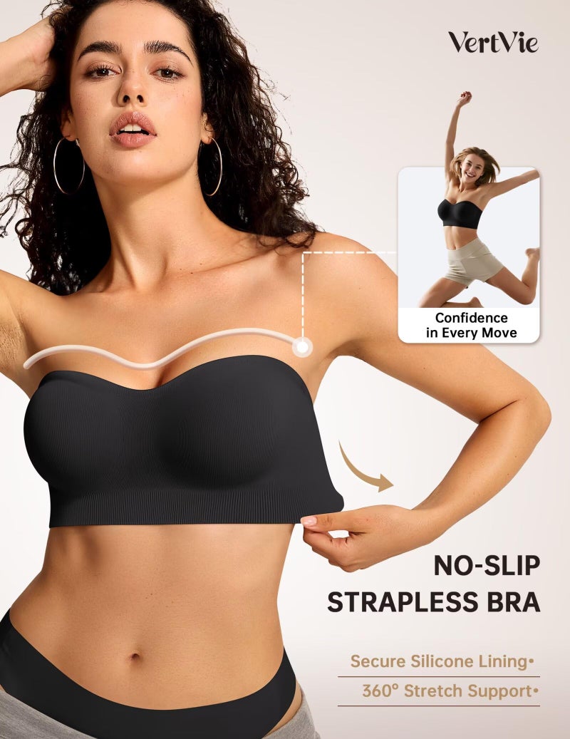 Vertvie Strapless Bras for Women Non-Slip Push Up Wireless Bandeau Bra Seamless Comfort Padded Tube Top Supportive Bralette(Black,Small,Plain Jersey) - Image 3