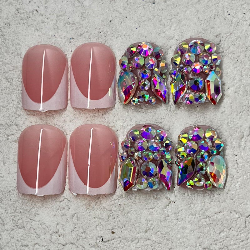 Jremg White French Tip Press on Nails Short Square Fake Nails with Rhinestone Design Glitter Fully Cover False Nails Glossy Handmade Glue on Nails Reusable Artificial Stick on Nails for Women 24Pcs - Image 4