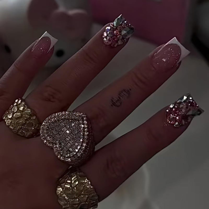 Jremg White French Tip Press on Nails Short Square Fake Nails with Rhinestone Design Glitter Fully Cover False Nails Glossy Handmade Glue on Nails Reusable Artificial Stick on Nails for Women 24Pcs - Image 1