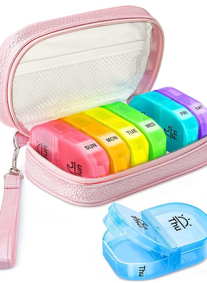 AMOOS Cute Pill Organizer 2 Times a Day, PU Leather Pill Case for Women, Portable Weekly Pill Box for Purse with Storage Bag to Hold Vitamins, Medications, Fish Oils, Supplements (Pink) - Image 1