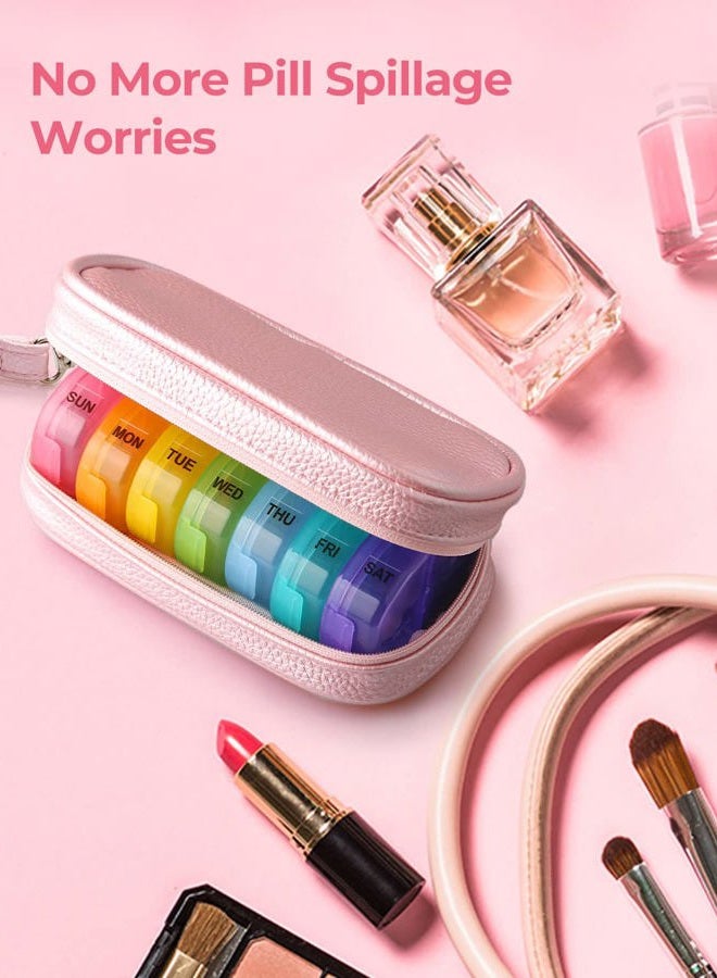 AMOOS Cute Pill Organizer 2 Times a Day, PU Leather Pill Case for Women, Portable Weekly Pill Box for Purse with Storage Bag to Hold Vitamins, Medications, Fish Oils, Supplements (Pink) - Image 2