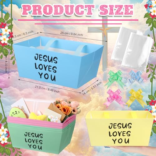 Funnymoom 12 Pcs Christian Basket for Gifts Empty with Cellophane Bag Ribbon Bow Pastel Jesus Loves You Gift Wrapping Basket for Xmas First Communion Religious Church Wedding Party Favor 98 x 65 - Image 3