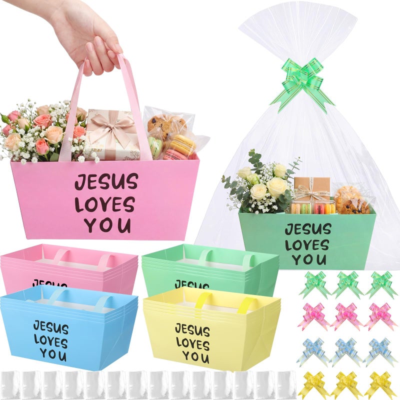 Funnymoom 12 Pcs Christian Basket for Gifts Empty with Cellophane Bag Ribbon Bow Pastel Jesus Loves You Gift Wrapping Basket for Xmas First Communion Religious Church Wedding Party Favor 98 x 65 - Image 2