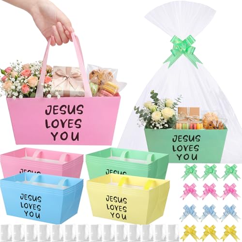 Funnymoom 12 Pcs Christian Basket for Gifts Empty with Cellophane Bag Ribbon Bow Pastel Jesus Loves You Gift Wrapping Basket for Xmas First Communion Religious Church Wedding Party Favor 98 x 65 - Image 1