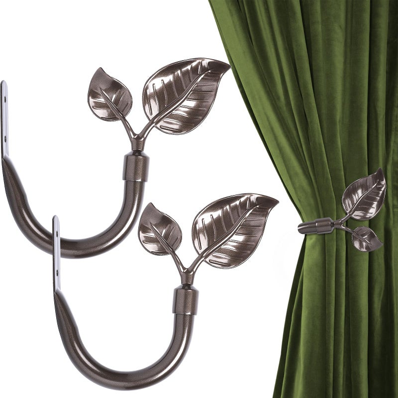 HIKMLK Leaf Shaped Curtain Holdbacks 2pcs, Handmade Metal Curtain Side Holders for Wall, Antique Brass Curtain Tieback Hook Pull Backs for Drapes Window Home Decoration (Fluorescent Brown) - Image 1
