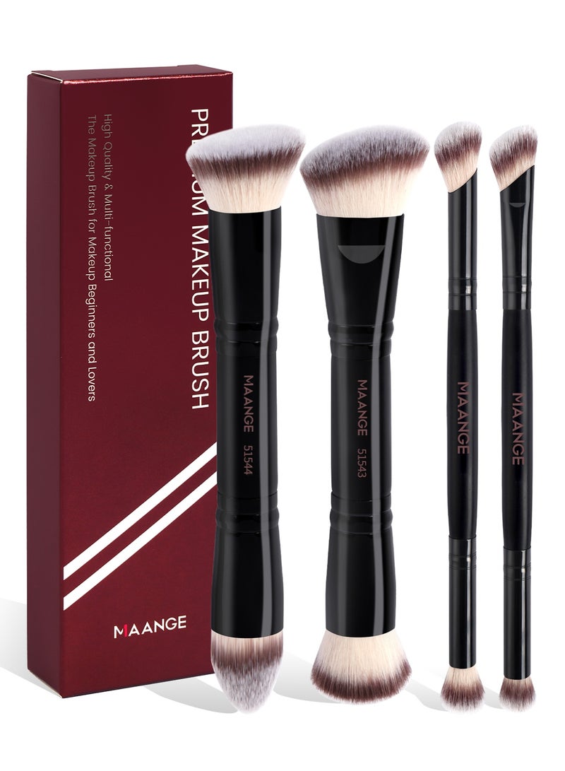 MAANGE مجموعة فرش مكياج مزدوجة الطرف مكونة من 4 قطع – فرش الأساس، التظليل، أحمر الخدود وظلال العيون – مناسبة للسفر وجاهزة كهدية، أسود - Image 1