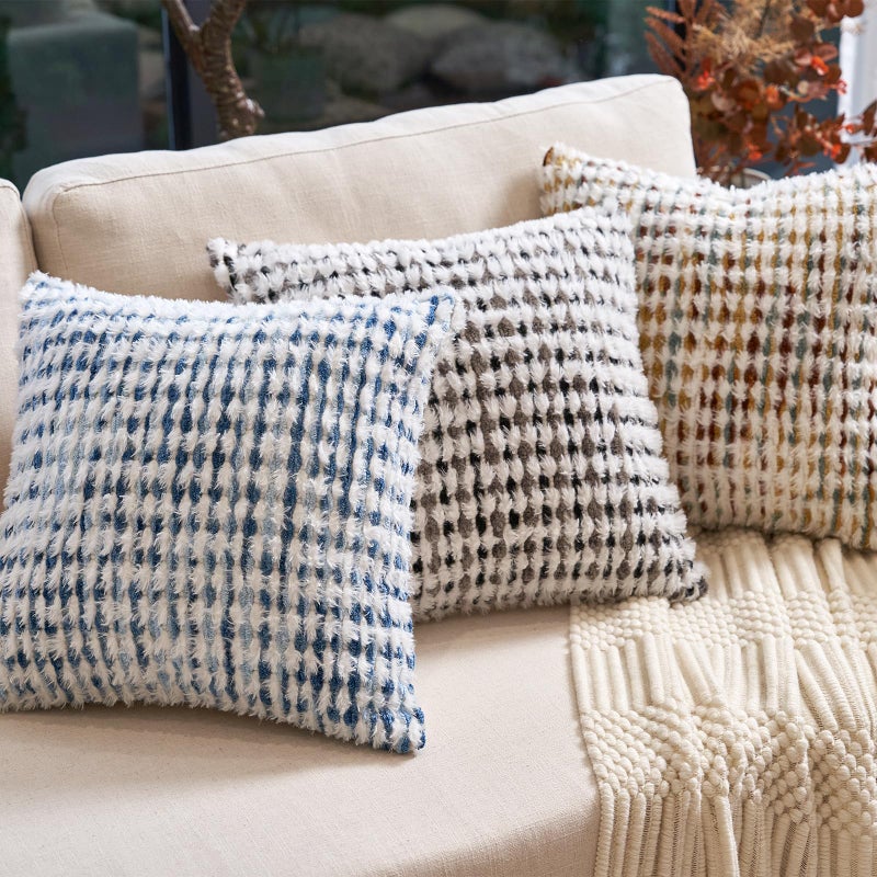Aeckself Boho Chenille Tufted Pillow Cover 20x20 Inch, Decorative Square Throw Pillow Cover Neutral Pillowcase for Couch Bedroom Living Room, Blue White - Image 2