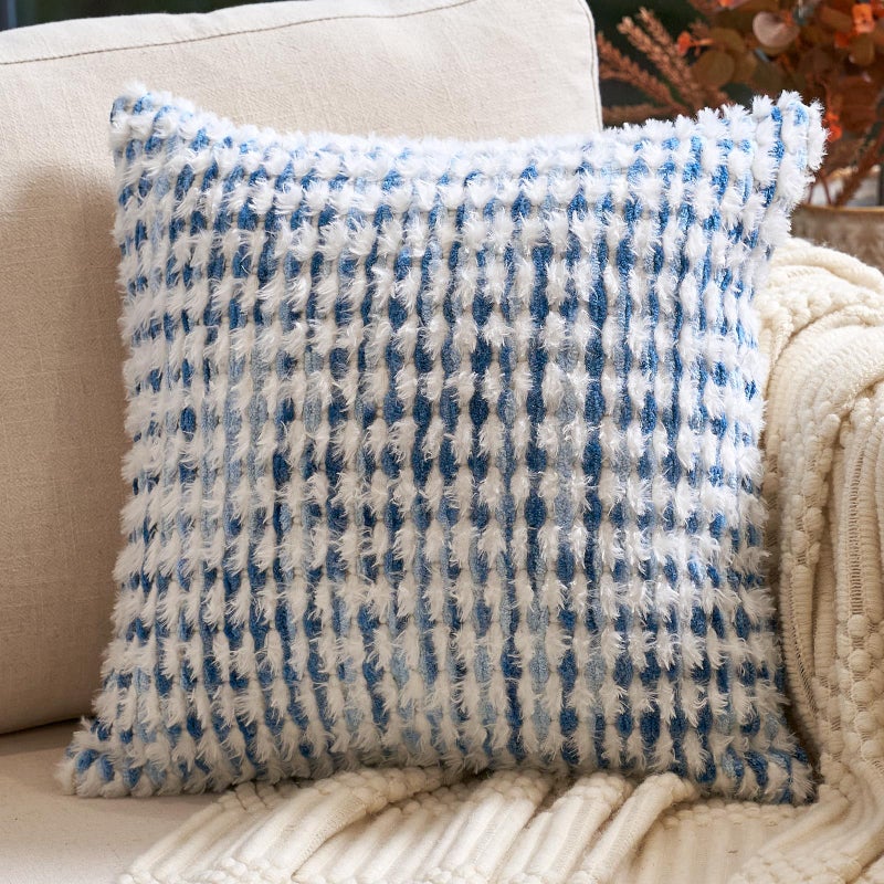 Aeckself Boho Chenille Tufted Pillow Cover 20x20 Inch, Decorative Square Throw Pillow Cover Neutral Pillowcase for Couch Bedroom Living Room, Blue White - Image 1
