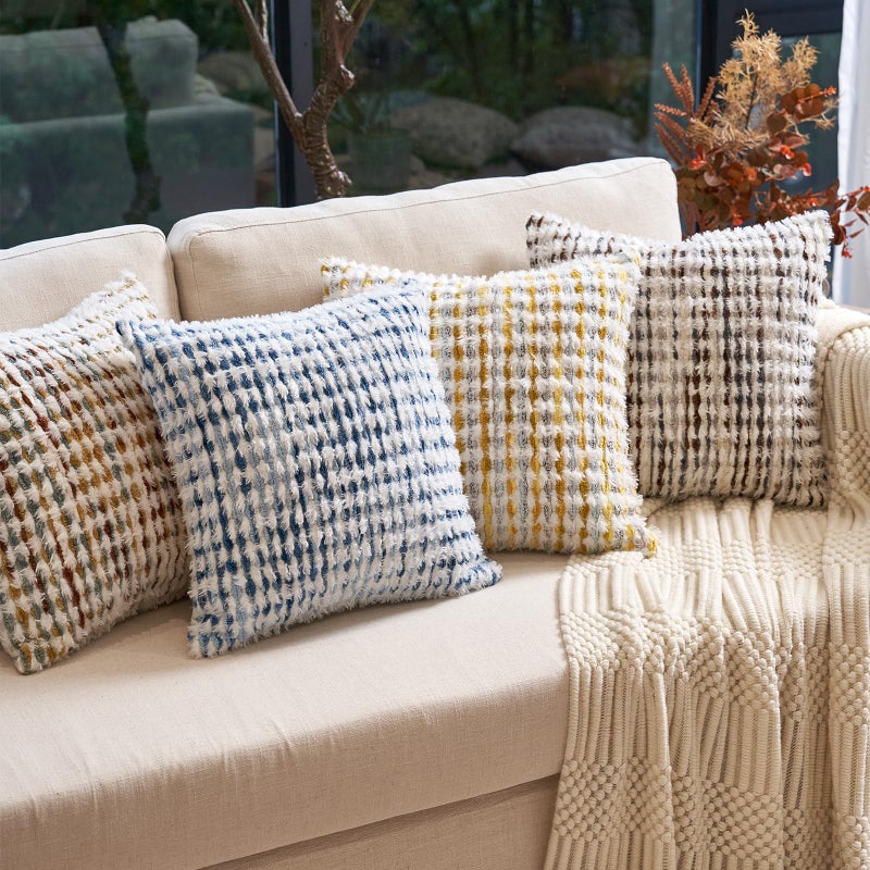 Aeckself Boho Chenille Tufted Pillow Cover 20x20 Inch, Decorative Square Throw Pillow Cover Neutral Pillowcase for Couch Bedroom Living Room, Blue White - Image 3