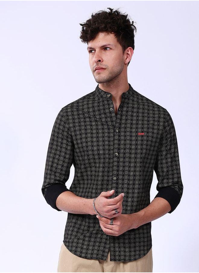 The Indian Garage Co Men Slim Fit Abstract Printed Full Sleeves Mandarin Collar Casual Shirt  - Image 1