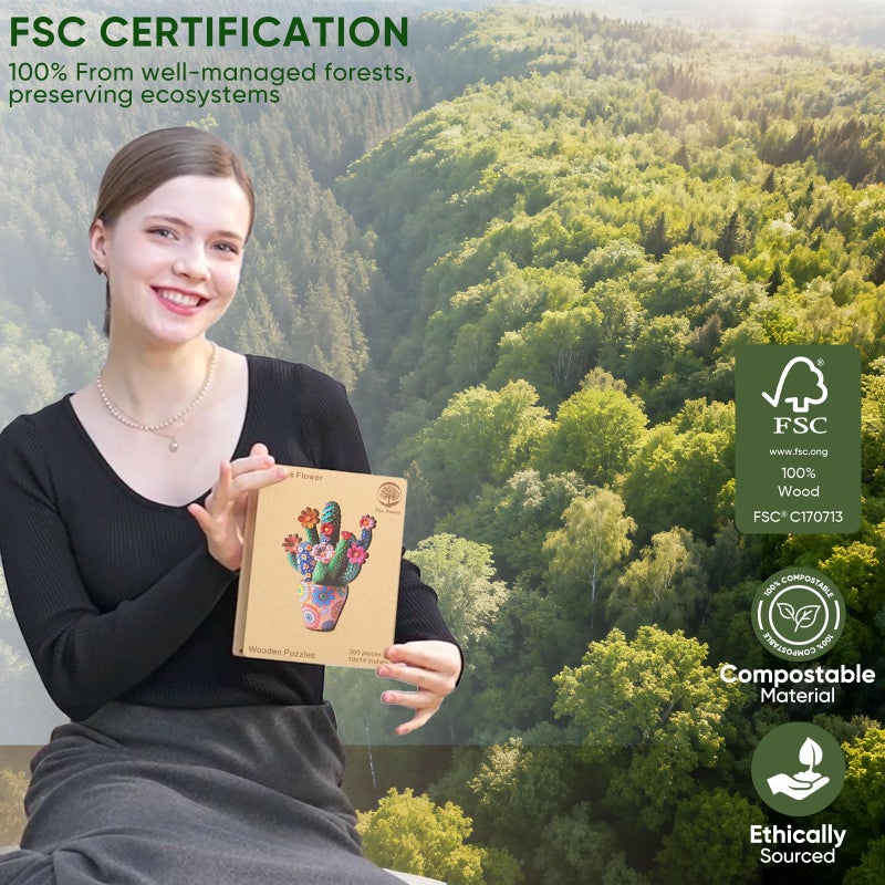 Mys Aurora Puzzles for Adults Cactus Flower Wooden Puzzles, 200 Pieces Unique Shaped Jigsaw Puzzles, FSC Certified Beautiful Birthday Gifts for Kids, Fun Family Game 10'' x 14'' - Image 3