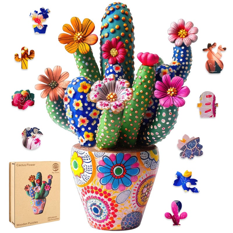 Mys Aurora Puzzles for Adults Cactus Flower Wooden Puzzles, 200 Pieces Unique Shaped Jigsaw Puzzles, FSC Certified Beautiful Birthday Gifts for Kids, Fun Family Game 10'' x 14'' - Image 1