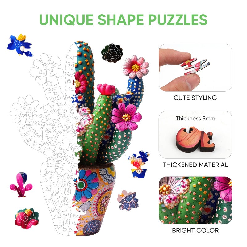 Mys Aurora Puzzles for Adults Cactus Flower Wooden Puzzles, 200 Pieces Unique Shaped Jigsaw Puzzles, FSC Certified Beautiful Birthday Gifts for Kids, Fun Family Game 10'' x 14'' - Image 2