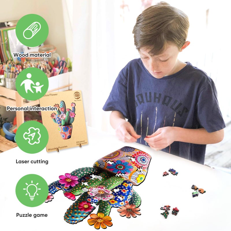 Mys Aurora Puzzles for Adults Cactus Flower Wooden Puzzles, 200 Pieces Unique Shaped Jigsaw Puzzles, FSC Certified Beautiful Birthday Gifts for Kids, Fun Family Game 10'' x 14'' - Image 4