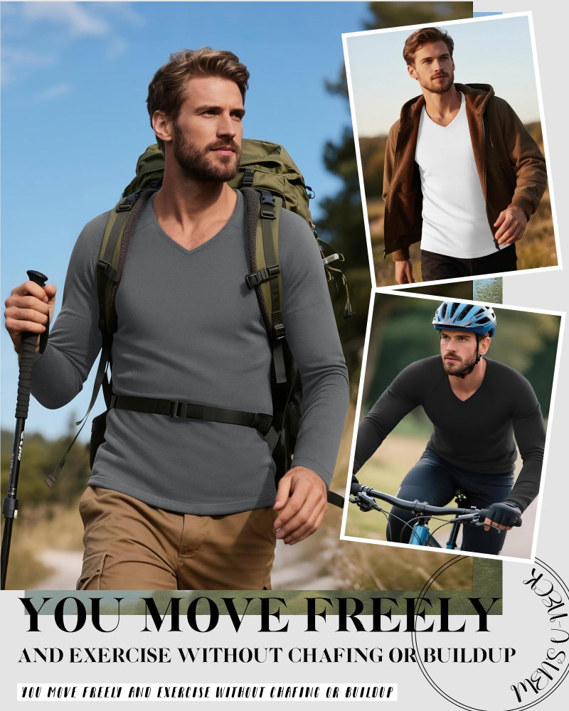 Riyiper 3 Pack Men's Thermal Shirts Long Sleeve Thick T-Shirt V Neck Fleece Undershirts Basic Comfortable Winter Layer Tops(Black, White, Gray,X-Large) - Image 2