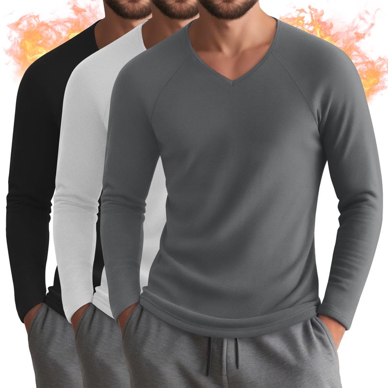 Riyiper 3 Pack Men's Thermal Shirts Long Sleeve Thick T-Shirt V Neck Fleece Undershirts Basic Comfortable Winter Layer Tops(Black, White, Gray,X-Large) - Image 1