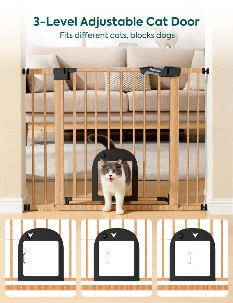 Babelio CatPrivilege â…¢ Baby Gate with Cat Door, 29"-43" Adjustable Brown Wood Pattern Pet Door, 30" Tall Pressure Mounted Safety Gate for Stairs & Doorways, Auto Close,Wall Protectors Included - Image 2