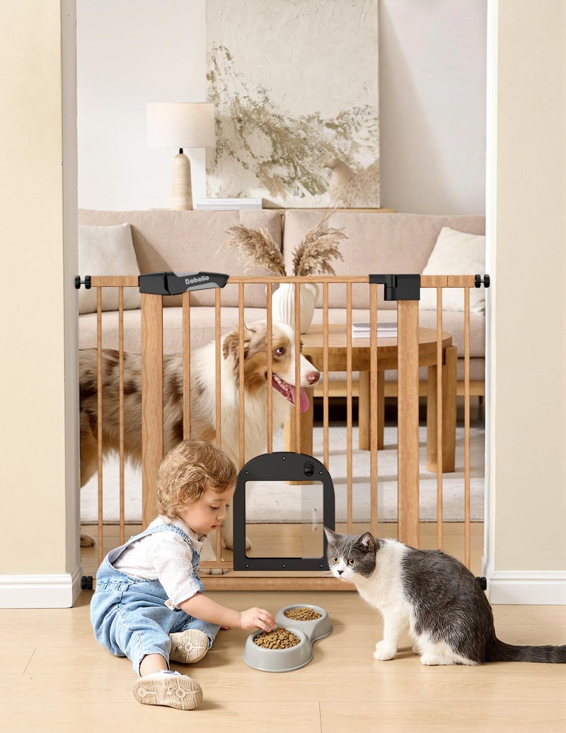 Babelio CatPrivilege â…¢ Baby Gate with Cat Door, 29"-43" Adjustable Brown Wood Pattern Pet Door, 30" Tall Pressure Mounted Safety Gate for Stairs & Doorways, Auto Close,Wall Protectors Included - Image 1