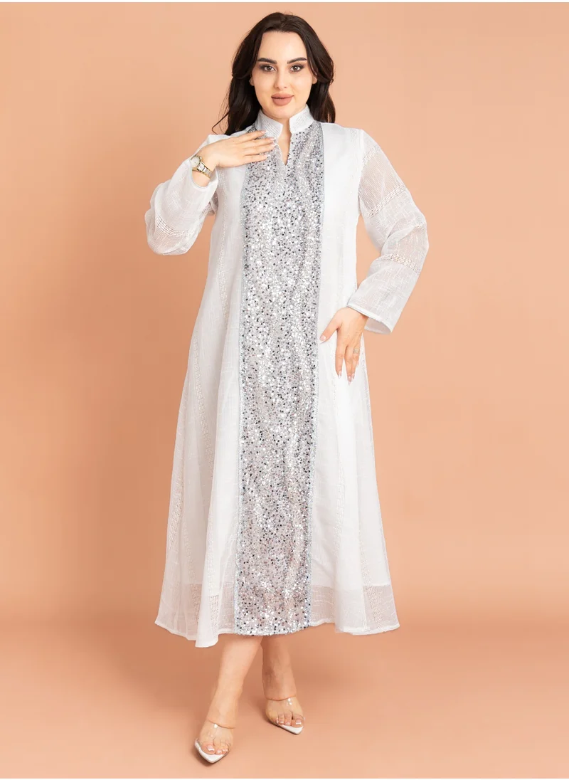 IKKXA Mandarin Collar Crystal Embroidery Jalabiya White