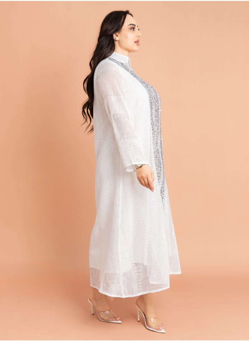 IKKXA Mandarin Collar Crystal Embroidery Jalabiya White  - Image 3