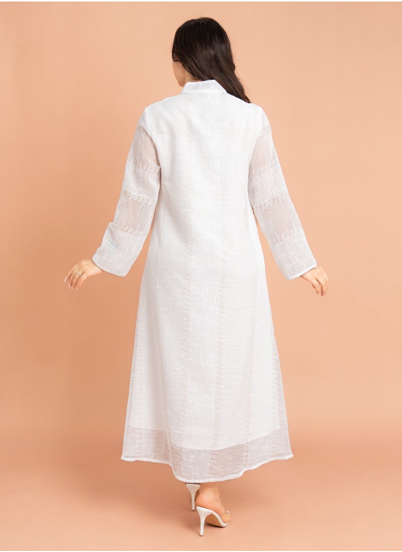 IKKXA Mandarin Collar Crystal Embroidery Jalabiya White  - Image 4