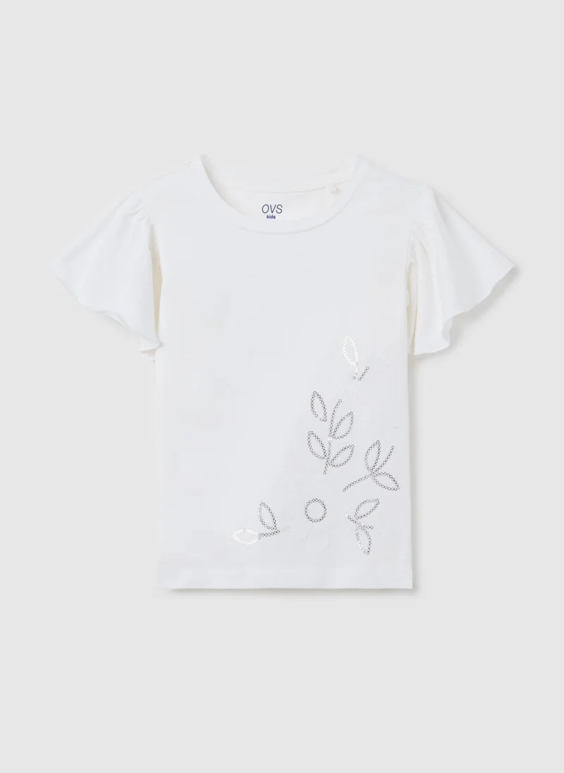 او في اس White Short Sleeve T-Shirt With Floral Embroidery For Girls